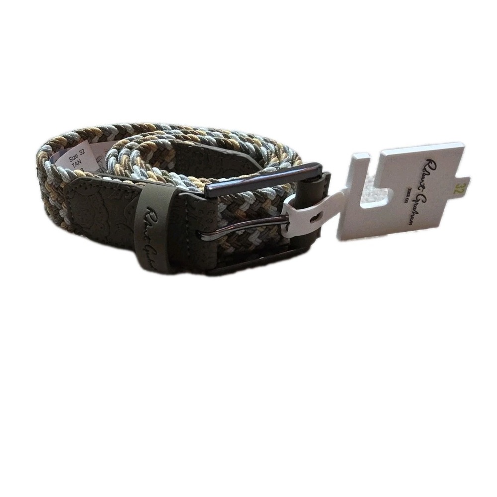 ROBERT GRAHAM‎ size 32  Mens Tan  Leather Bonded Braided Stretch belt Nwt